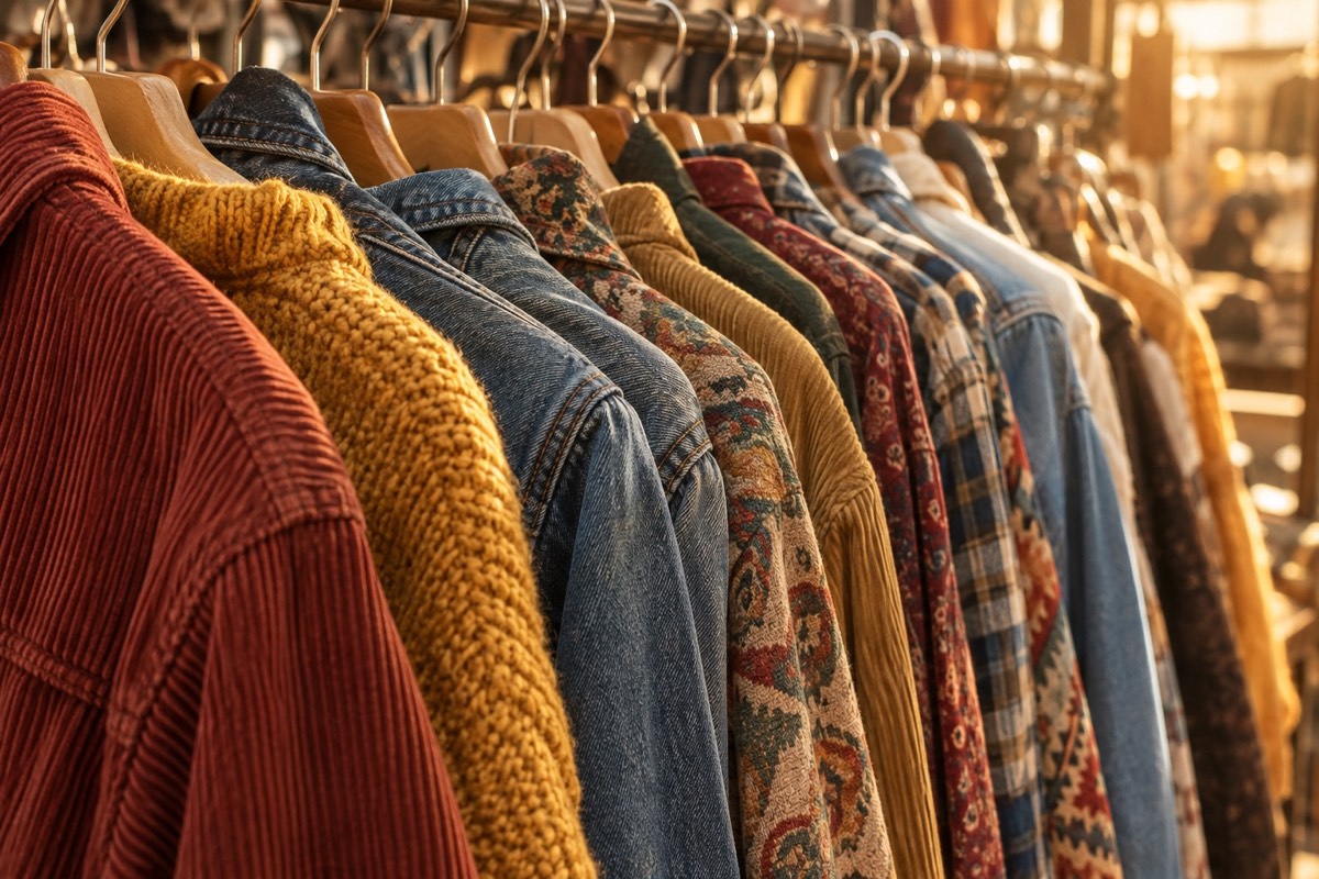 Illustration of a vintage clothing rail in warm afternoon light
